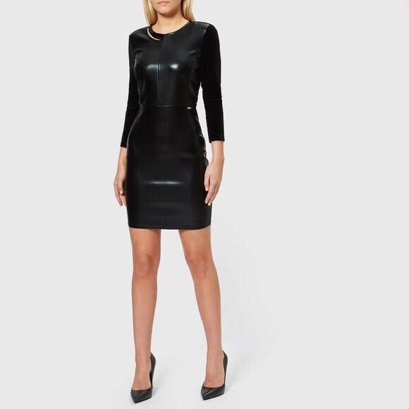 Armani Exchange Faux Leather Velvet Cutout Bodycon Sheath Dress Black XS - Picture 11 of 15